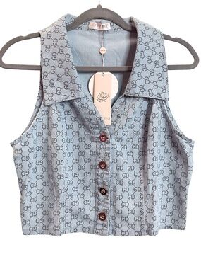 LA REYNA Y2K Monogram Denim Crop Vest Button Front Large NWT